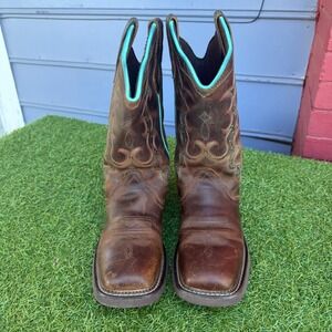 Justin Boots Brown Leather Square‎ Toe Western Turquoise Womes Size 8.5B SY12907